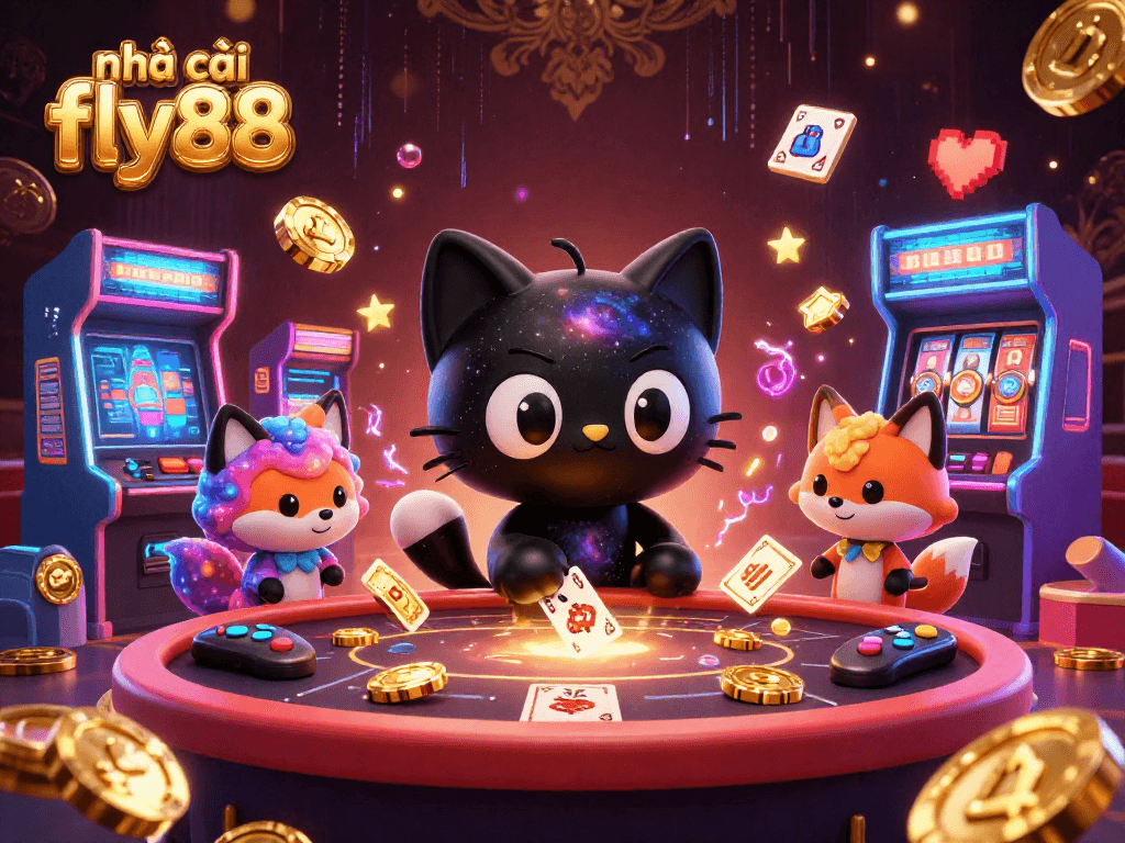 Engage with the nhà cái fly88 cosmic casino scene featuring a black hole cat pulling in chips and cards.