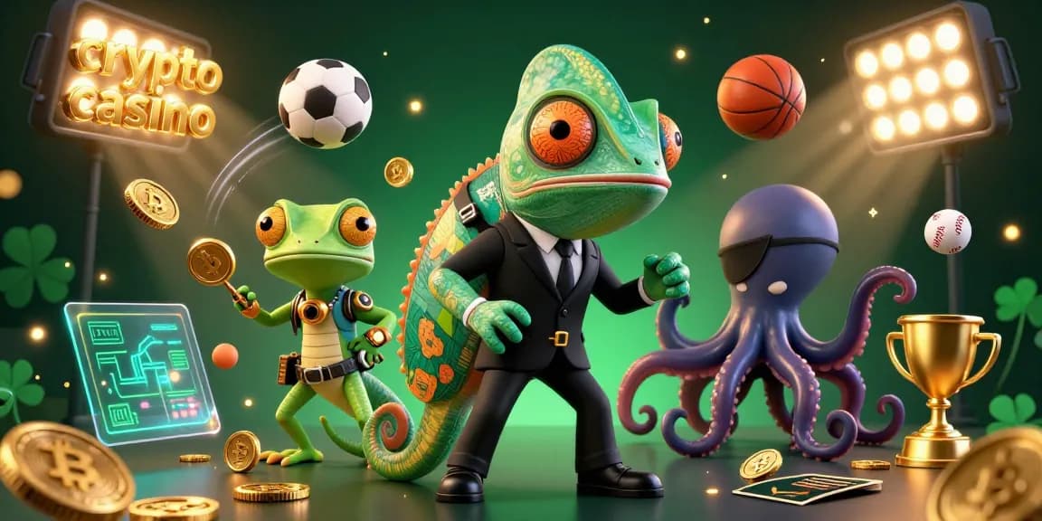 Experience dynamic action at a crypto casino with colorful characters, flying sports elements, and gold accents.