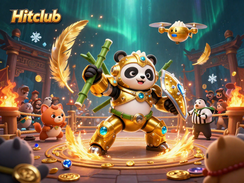 Engage in thrilling action at Hitclub, where golden panda pilots a fighting robot amid a vibrant casino battleground.