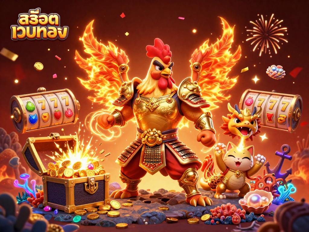 Experience thrilling wins with สล็อตเว็บตรง illustrated in this vibrant 3D digital art scene.