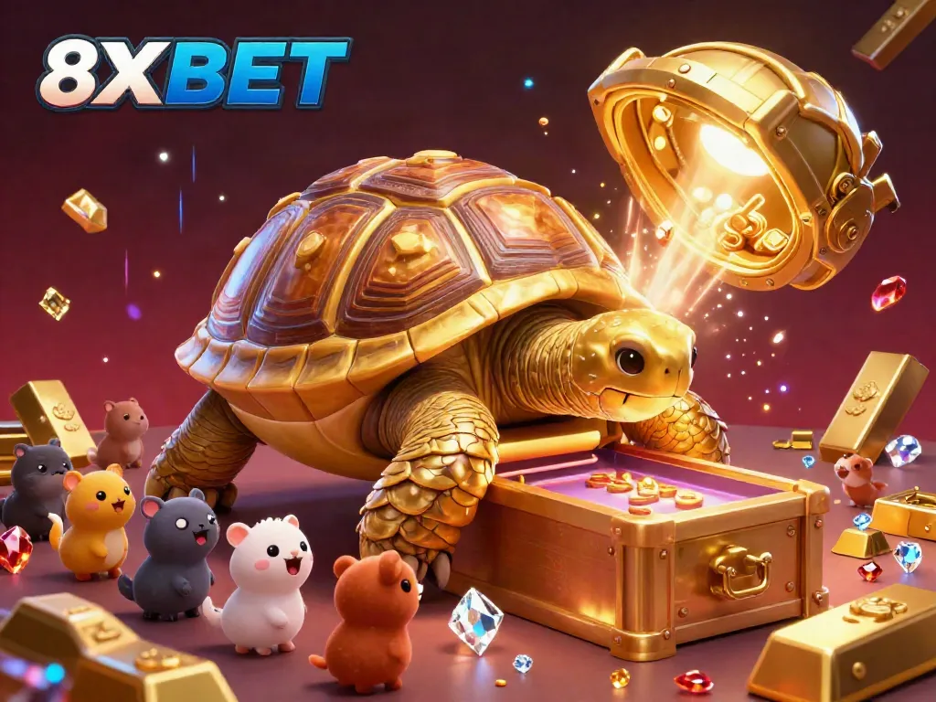 Experience thrilling moments at 8XBET with an animated scene of a golden tortoise pinball machine surrounded by treasure and excitement.