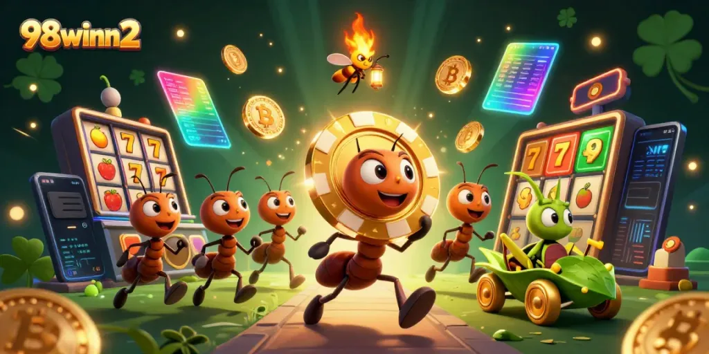 Engaging heist scene with ants carrying a giant poker chip, reflecting 98winn2's gambling theme.