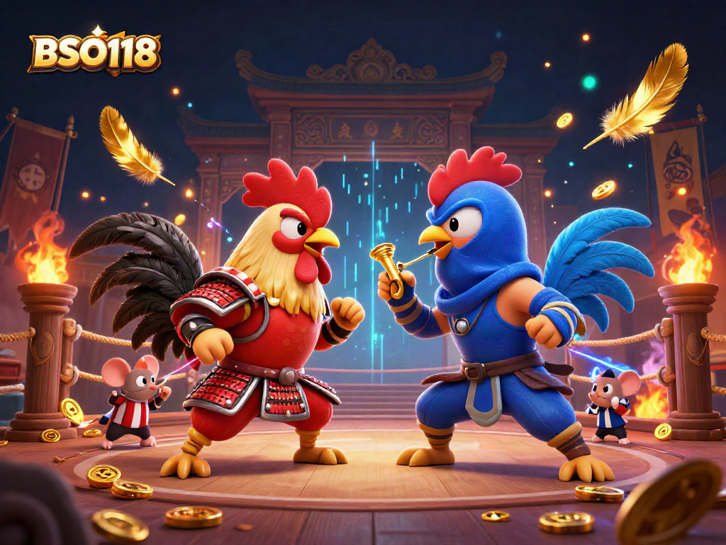 Engage in the excitement of BSO118 with dynamic roosters battling in a vibrant casino arena.