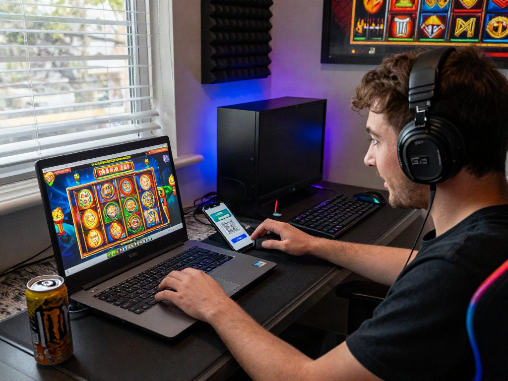 Engaged player using slot deposit qris for online gaming with vibrant graphics.
