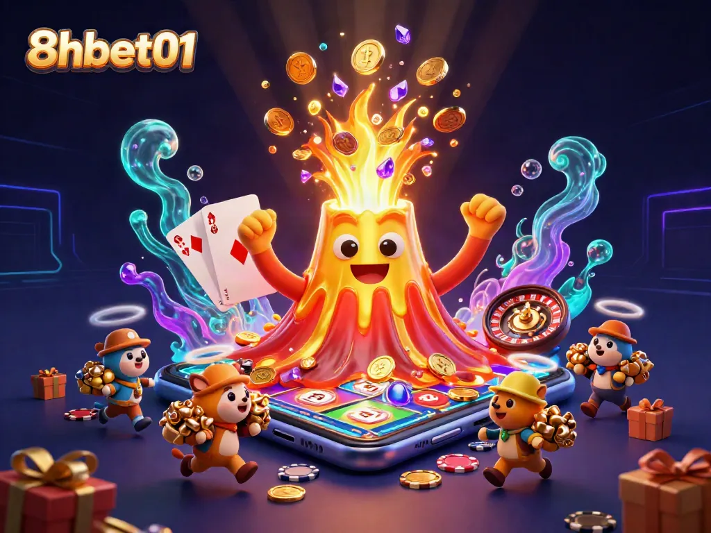 Experience excitement at 8xbet01 casino with a golden volcano erupting coins and treasure in a vibrant illustration.