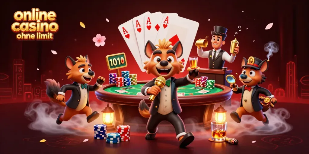 Engage in fun at an online casino ohne limit with animated hyenas serving drinks and enjoying comedy.