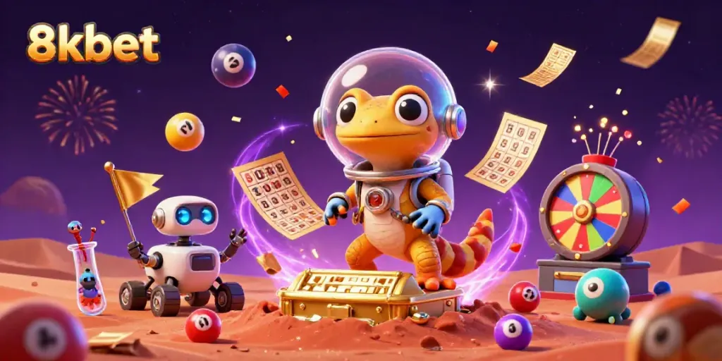 Experience excitement at 8kbet with a vibrant 3D casino on Mars showcasing playful characters and thrilling elements.