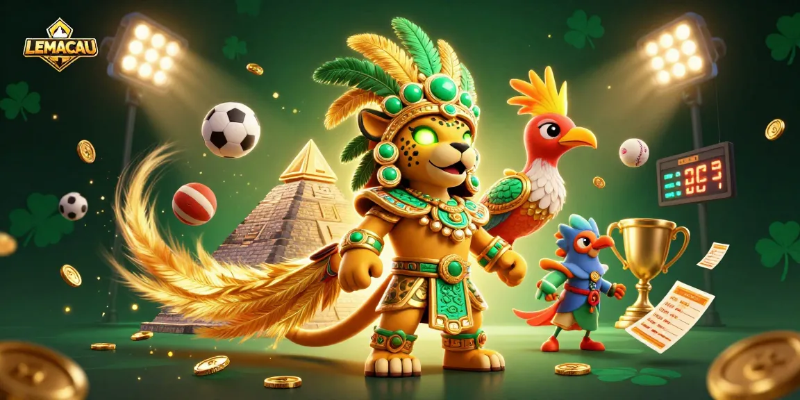 LEMACAU sports theme with Mayan priest, vibrant colors, and dynamic betting elements