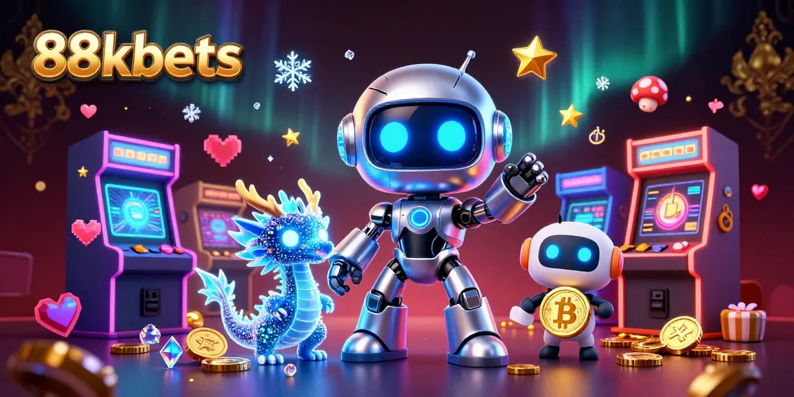 Engage with 88kbets in a dynamic casino scene featuring a cyberpunk robot and holographic dragon.