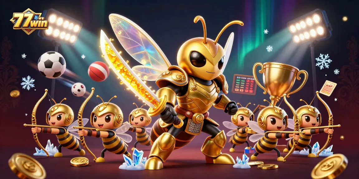 Celebrate winning at 77win with a samurai hornet and bee archers in an exciting casino scene.