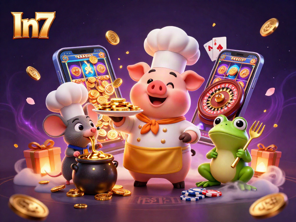 Experience the thrill of online gaming with In7 in a vibrant 3D casino scene filled with gold coins and slots.