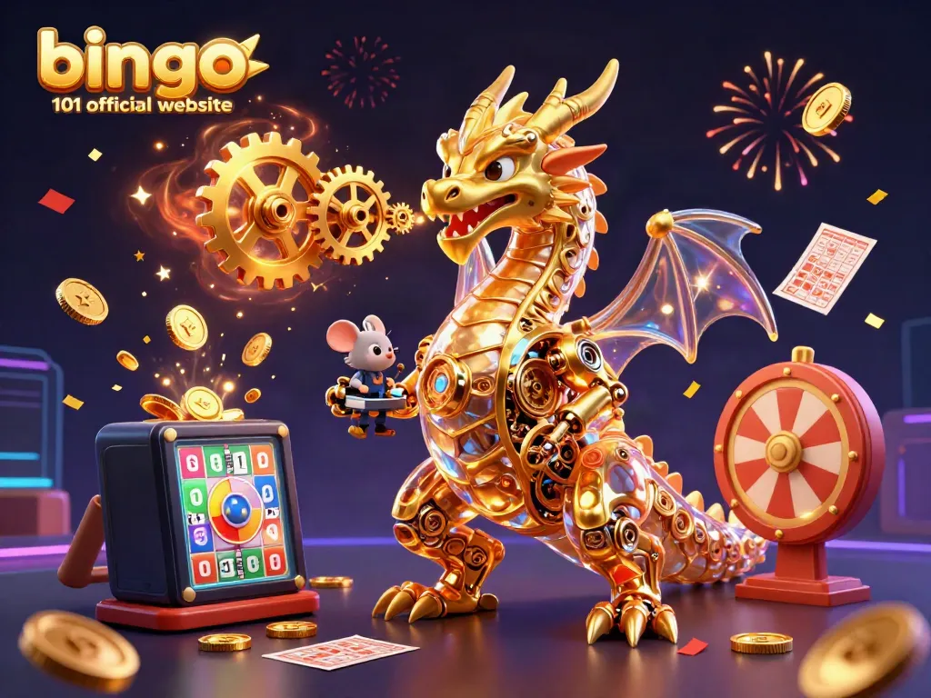 Bingo 101 official website showcasing an engaging interactive bingo scene with a biomechanical dragon and vibrant game elements.