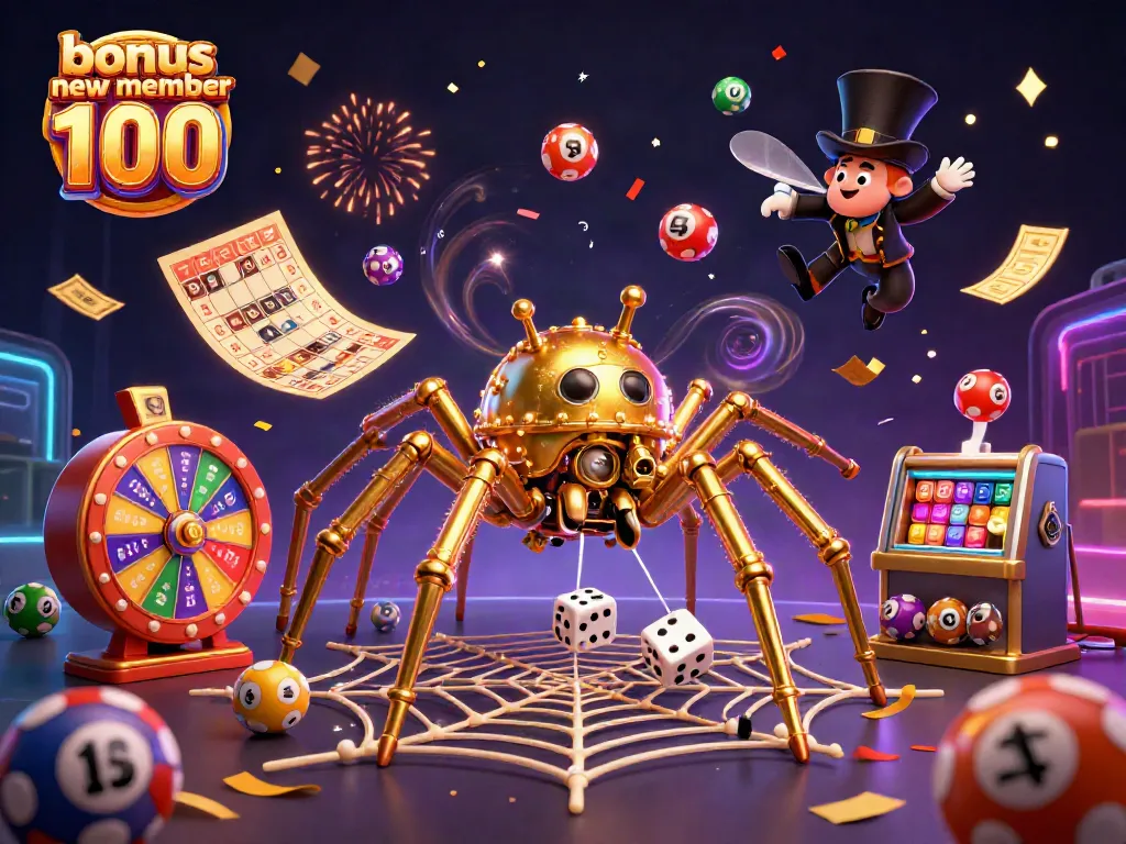 Engage with exciting slot games and promotions like bonus new member 100 amidst a captivating 3D casino theme.