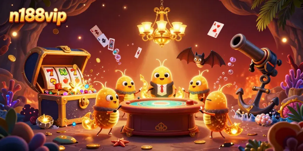 N188vip jackpot scene with glowworms lighting a casino, showcasing interactive games and treasures.