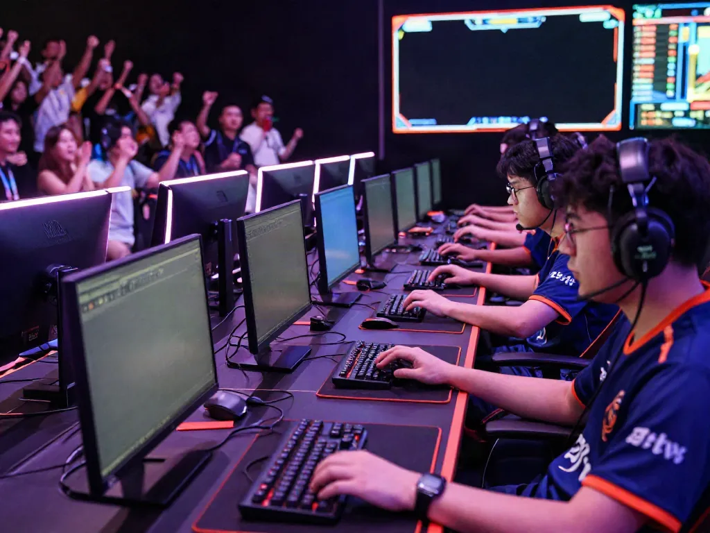 Competitive gaming scene at juraganbola esports arena showcasing players and vibrant atmosphere.