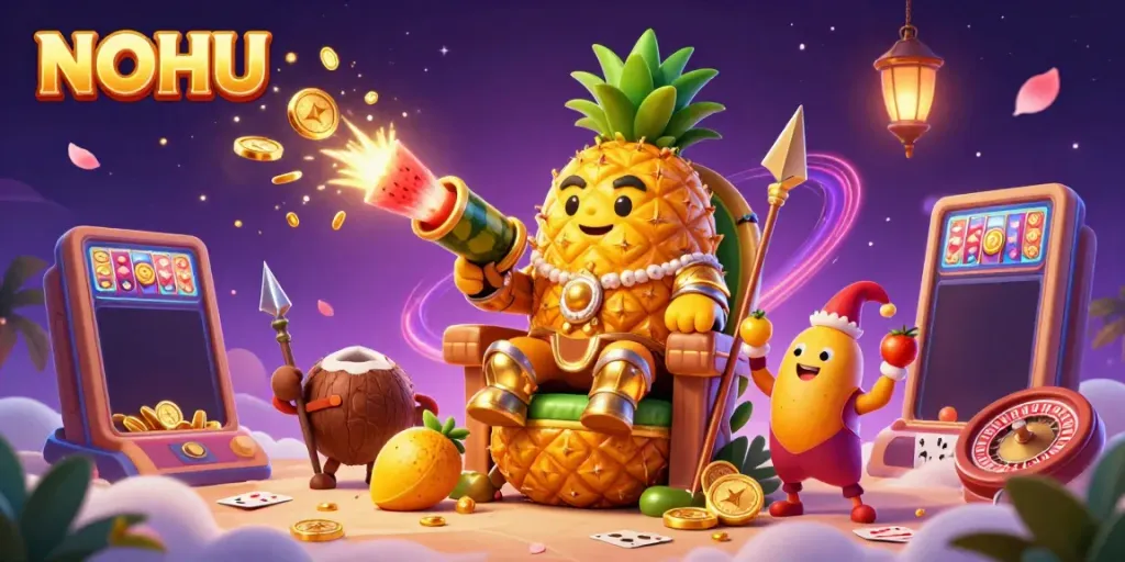 Experience excitement at NOHU with a lively 3D casino scene featuring a golden pineapple king and vibrant game elements.