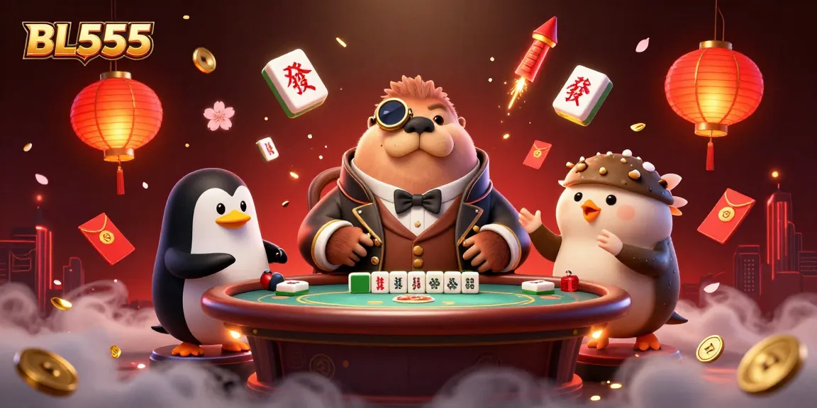 Experience BL555 gaming with a jolly walrus and penguin dealer in this vibrant casino scene.