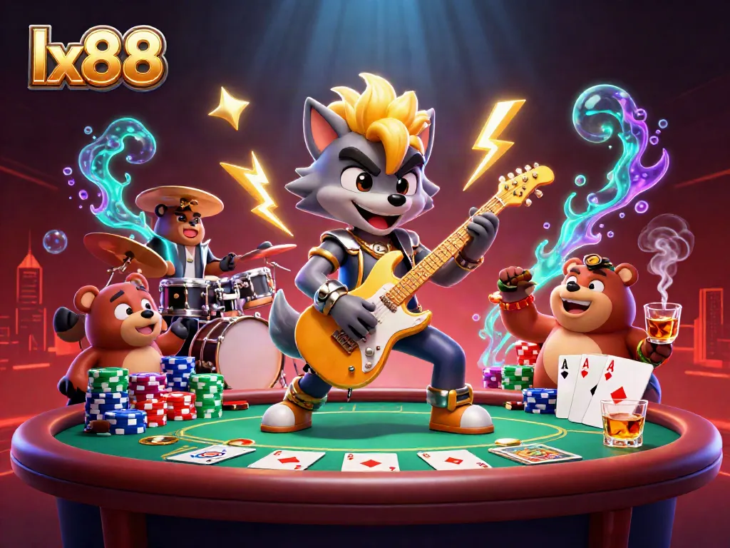 Watch the rock star wolf perform at lx88 casino with poker tables, colorful chips, and high-stakes action.
