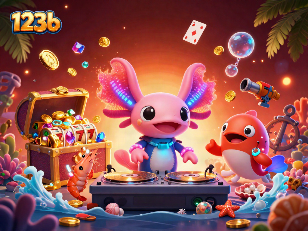 Experience the vibrant 123b casino gaming scene with a neon axolotl DJ and slot reels.