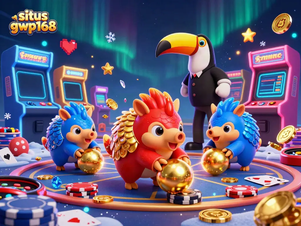 Permainan mengasyikkan di situs gwp168 dengan pangolins, chip poker, dan elemen kasino.