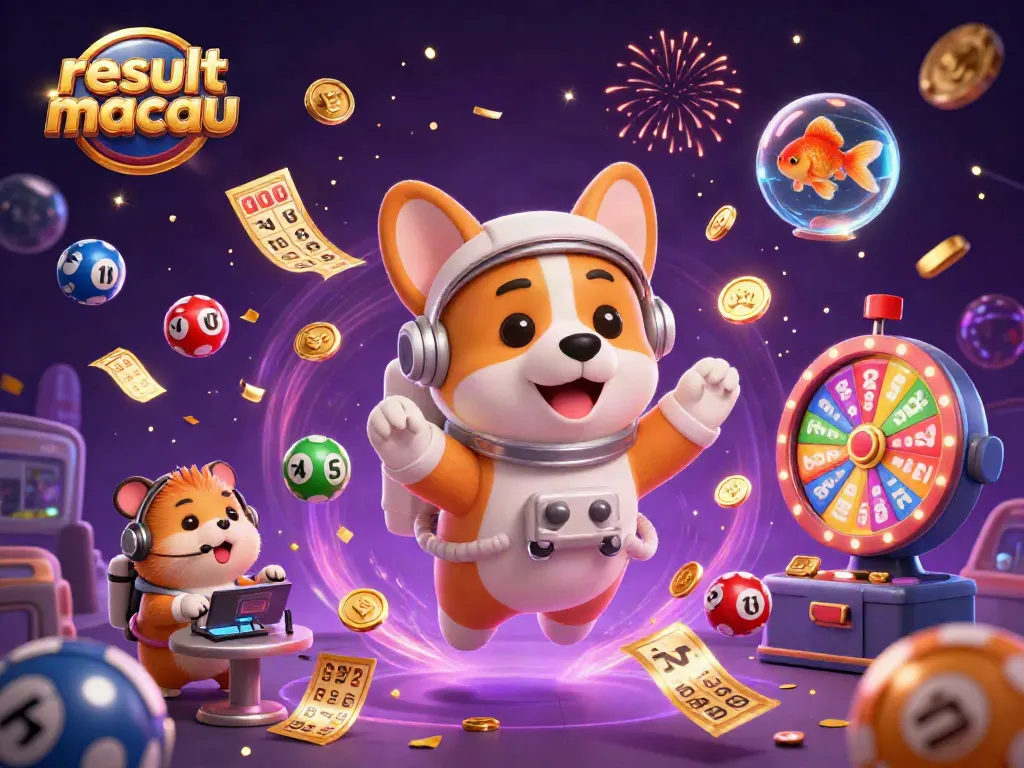 Experience the excitement of result macau with vibrant lottery elements and playful characters in a cosmic casino.