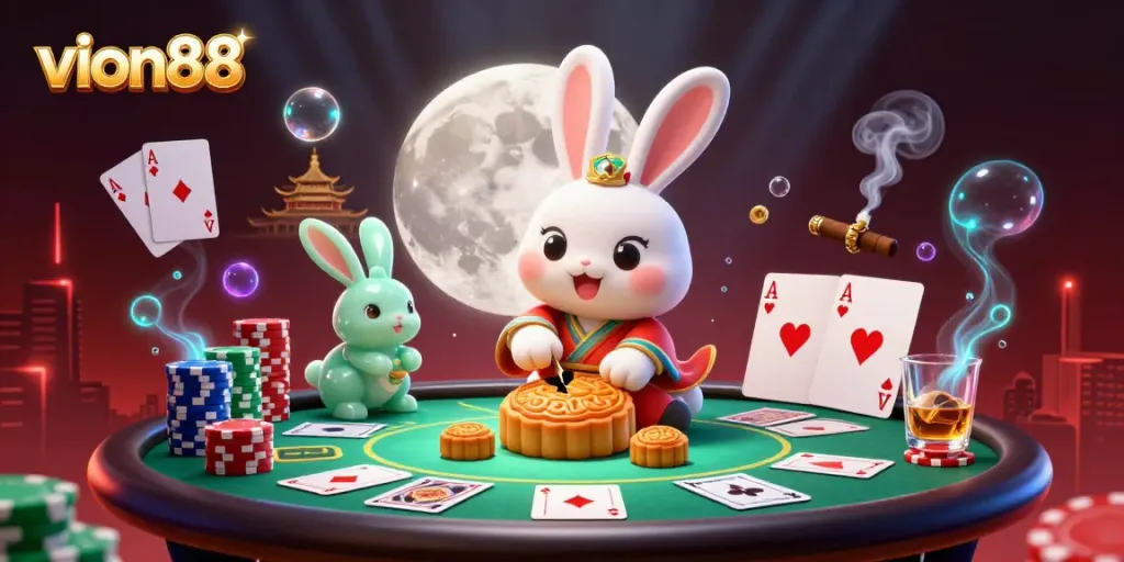 Experience vibrant gaming moments with vion88, showcasing a festive scene of poker chips and moon rabbits.