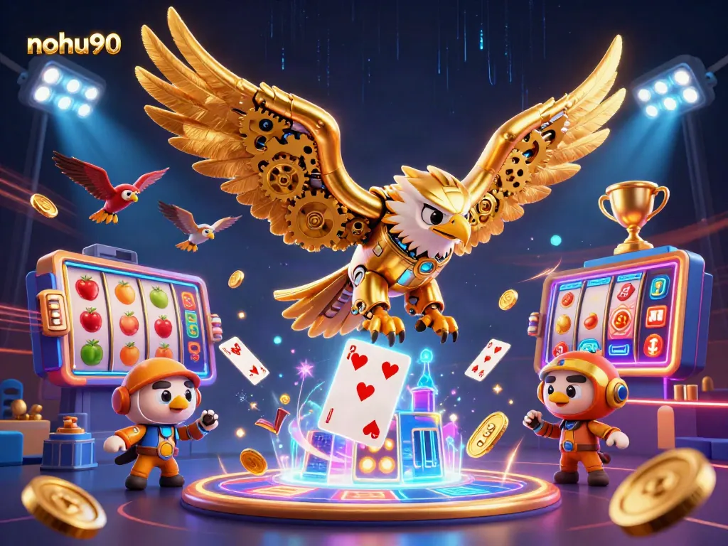 Engage with thrilling nohu90 slots experience as a cybernetic eagle dives among jackpots and coins.