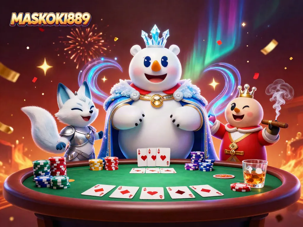 Engage in thrilling poker action at MASKOKI889 with a vibrant 3D illustration showcasing royal casino elements.