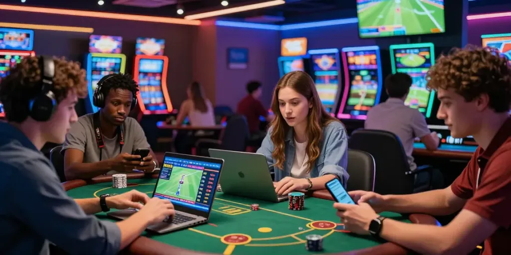 Engaging betting scene on lotus365 with diverse users enjoying cricket and football, lively casino backdrop.