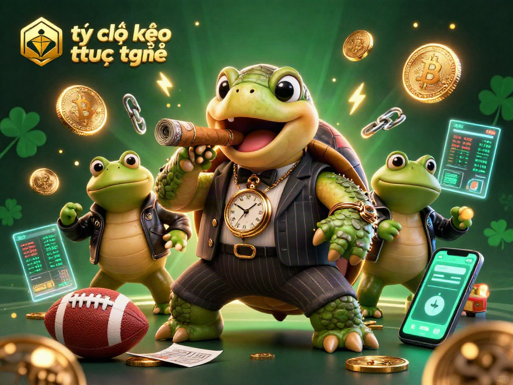 Engage with tỷ lệ kèo trực tuyến information through this vibrant sports betting illustration featuring a turtle mobster.