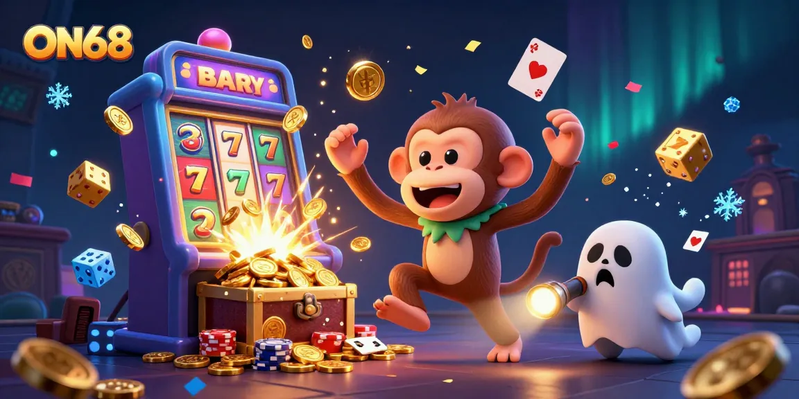 Experience the magic of ON68 with a poltergeist monkey juggling golden treasures in a vibrant casino scene.