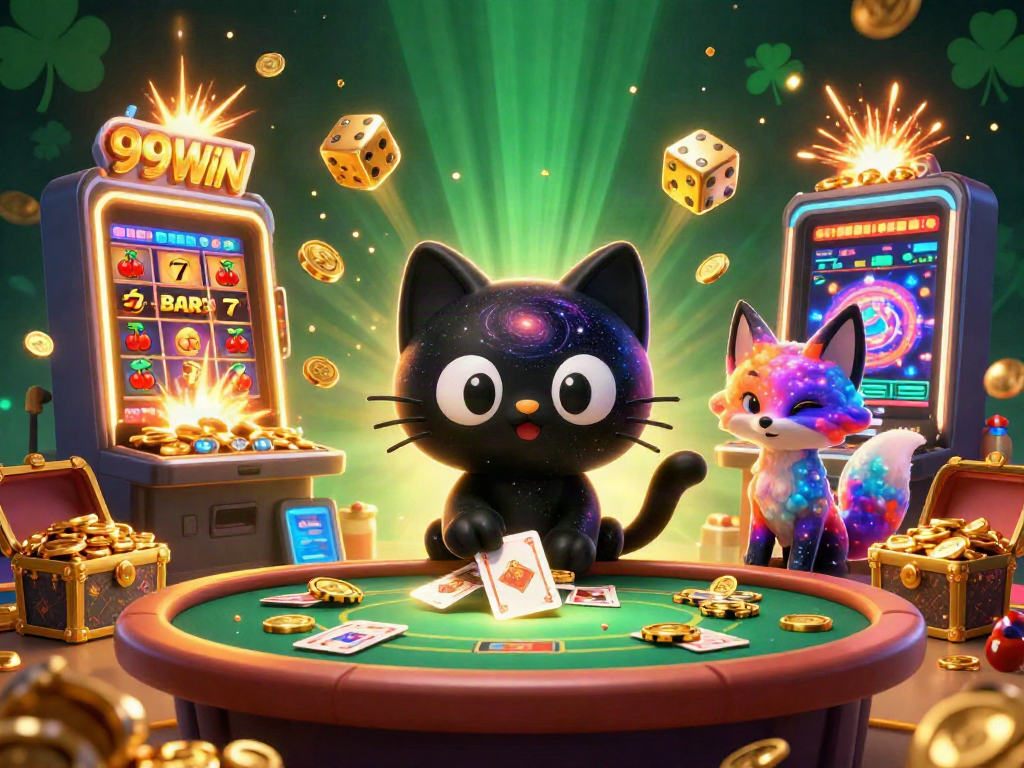 Experience the cosmic charm of 99WIN as the black hole cat draws in golden chips amidst a dazzling casino scene.
