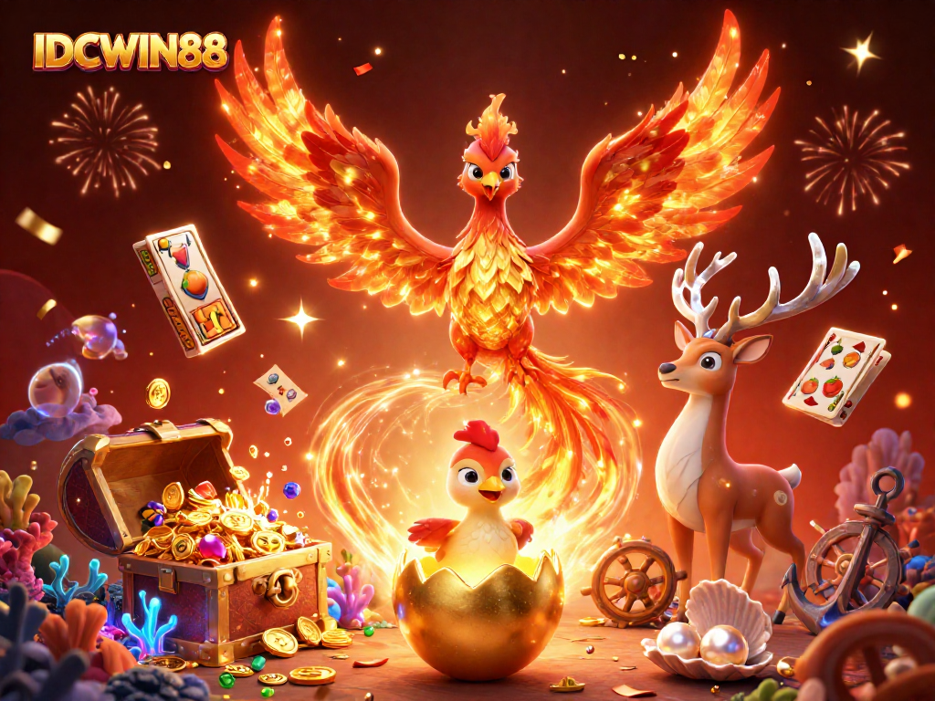 Unleash winning opportunities at IDCWIN88 with vibrant slot reels and casino celebration elements.