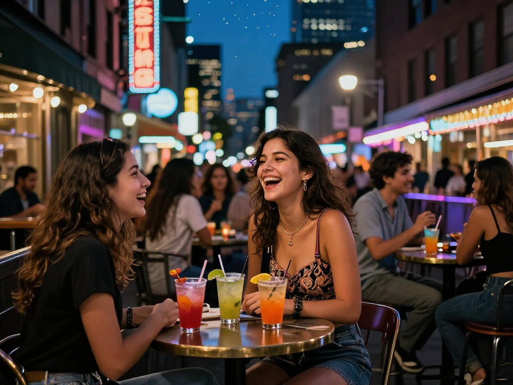Gái gọi đang thưởng thức cocktail tại quán bar sôi động giữa phố đêm.