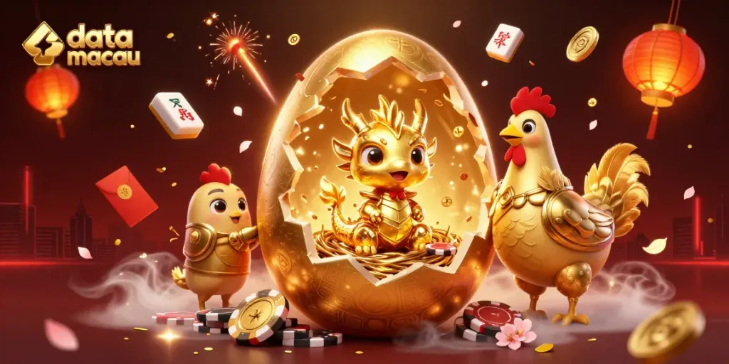 Mengakses data macau terkini melalui ilustrasi 3D menampilkan naga emas dari telur, simbol kemenangan, dan elemen perjudian.