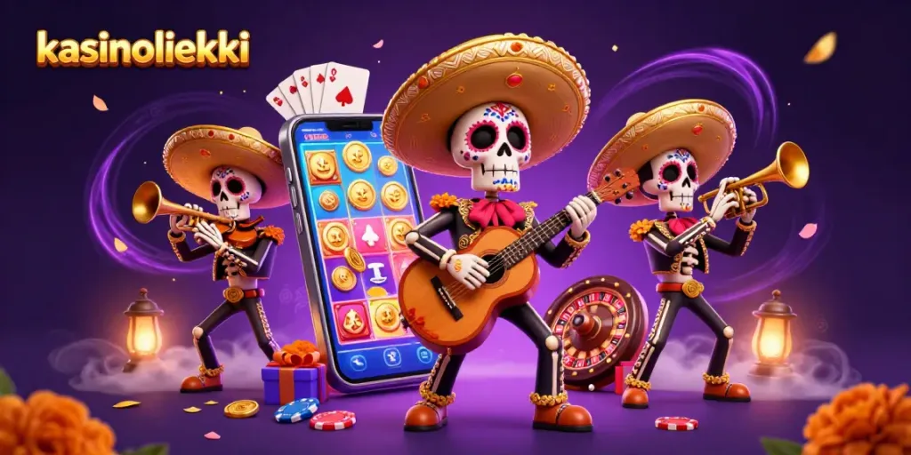 Kasinoliekki tuo esiin energisen mariachi-bändin, joka juhlii kasinopeliä näyttävällä taustalla.