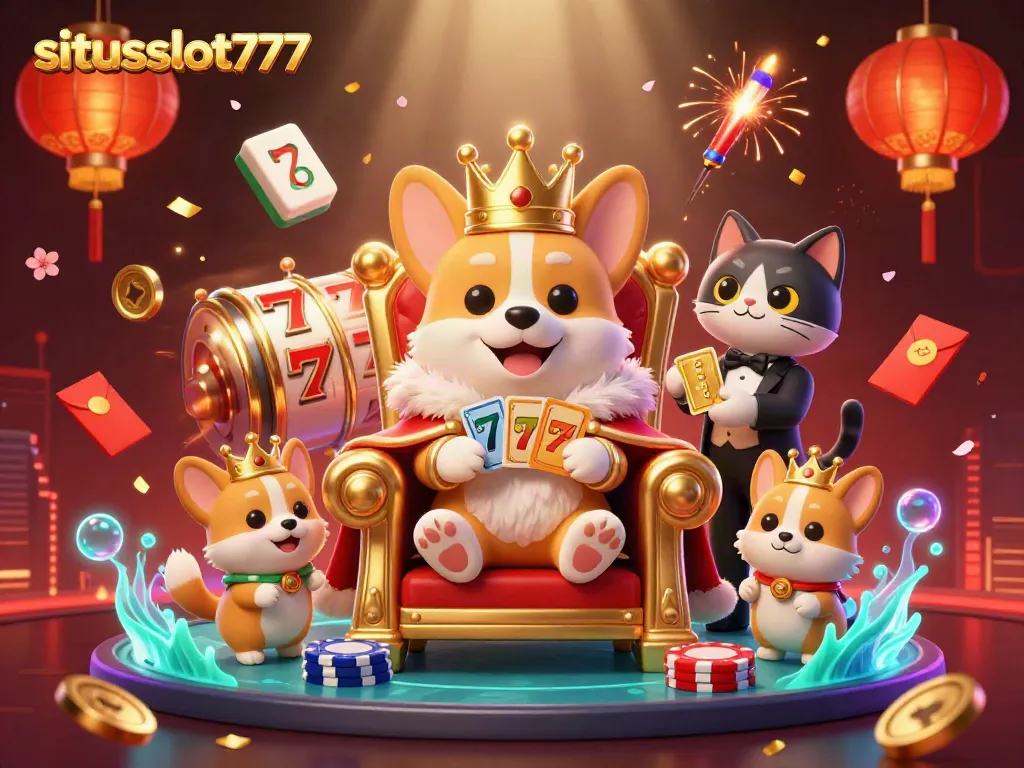 Experience thrilling gameplay at situsslot777 with a royal corgi on a throne of poker chips and captivating game elements.