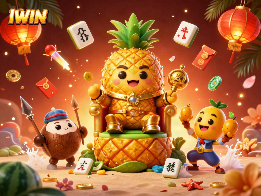 IWIN's colorful casino scene features a pineapple king and jester amidst festive gambling elements.