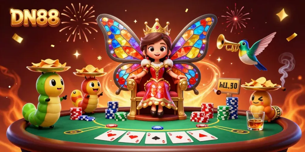 Experience exciting gameplay at DN88 with a vibrant 3D casino scene featuring a butterfly queen and poker elements.