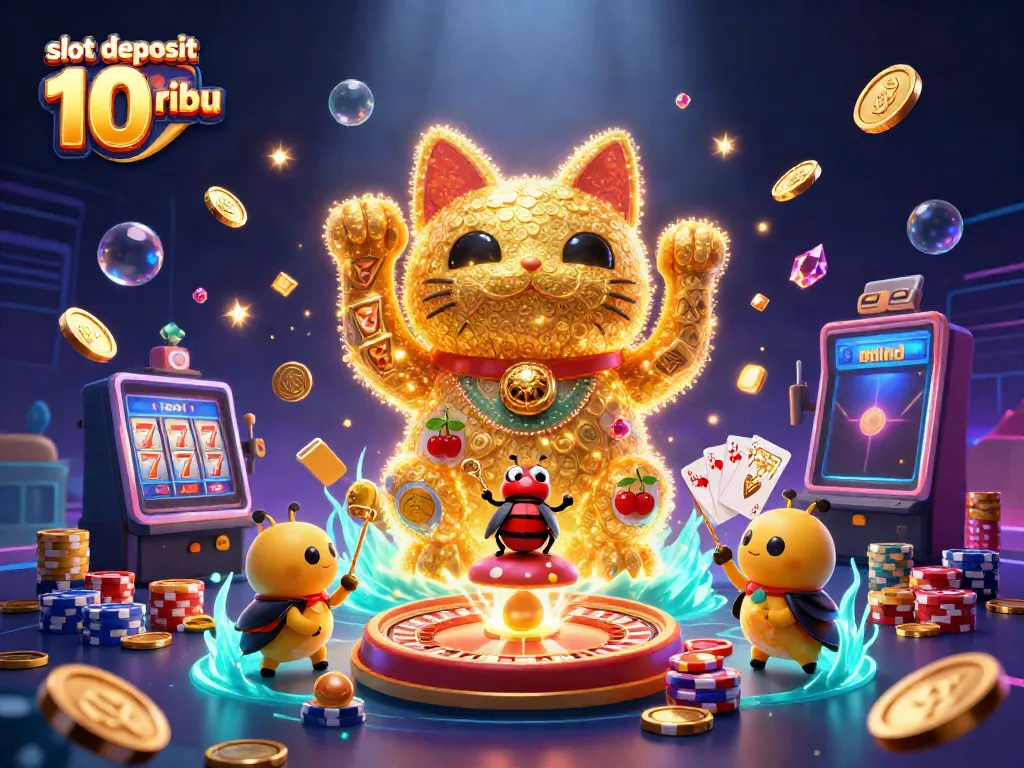 Experience the thrill of slot deposit 10 ribu with a lively 3D illustration of winning symbols and vibrant casino action.