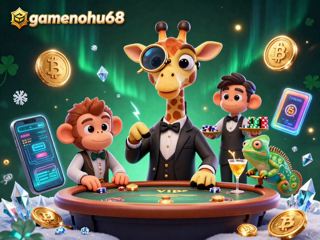 Experience high-stakes action with gamenohu68 at a vibrant 3D casino scene featuring unique characters.