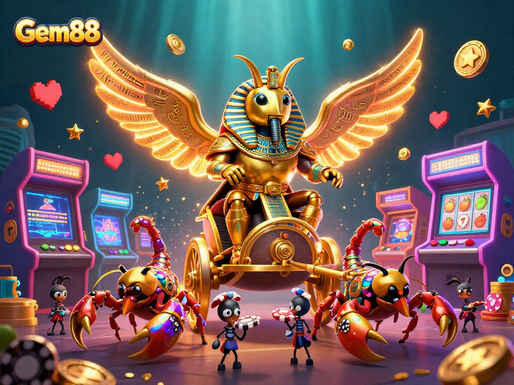 Gem88 showcases a vibrant scene of gaming excitement, featuring a golden scarab beetle and casino elements.