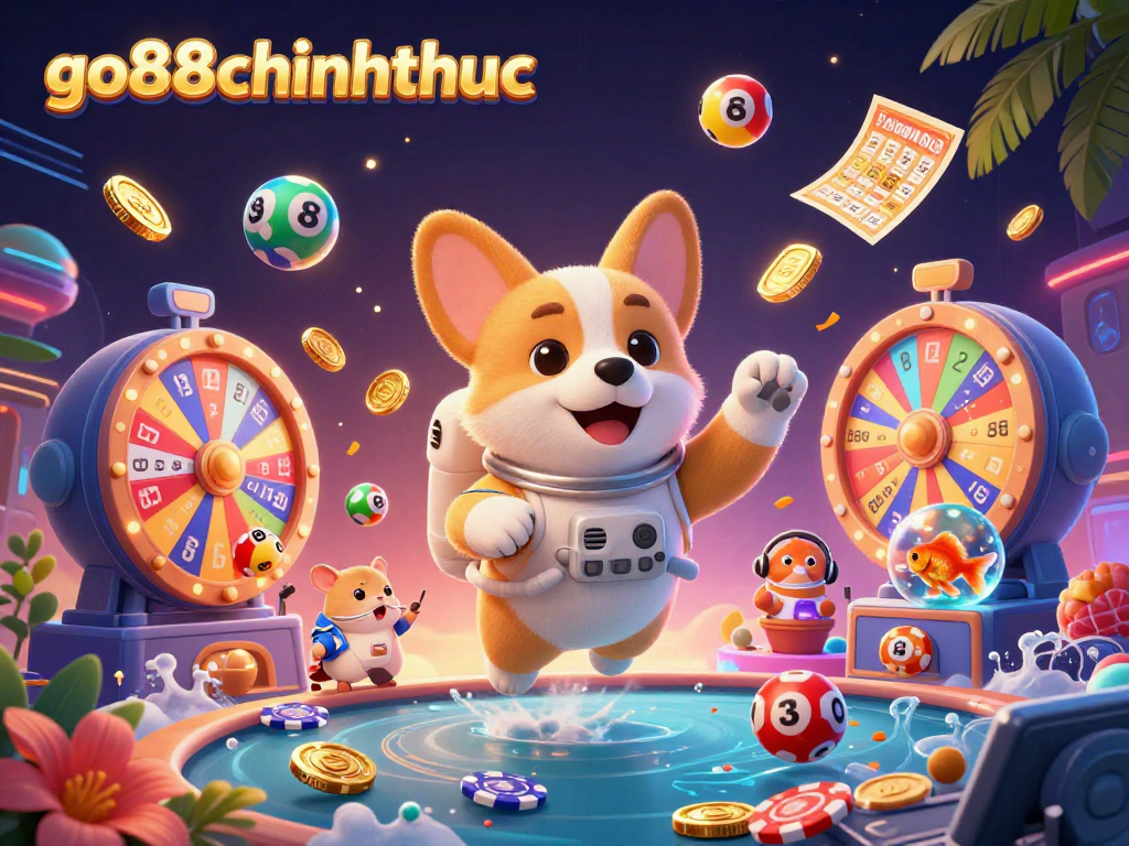 Win big with go88chinhthuc as the astronaut corgi spins lottery balls in an exciting casino scene!