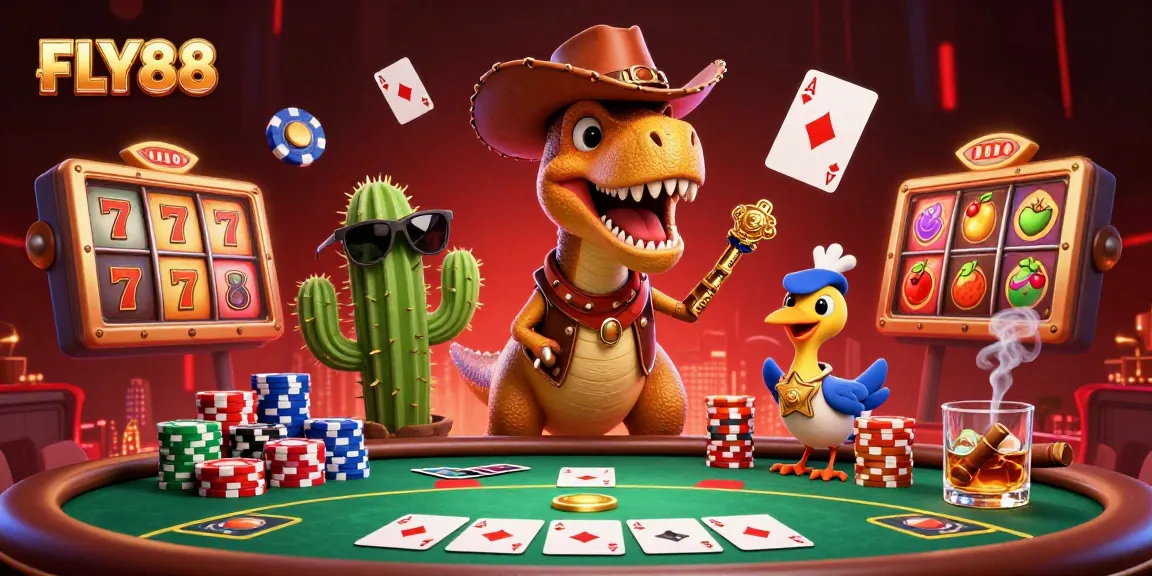Join FLY88's thrilling poker experience featuring a cartoon dinosaur and vibrant casino elements.
