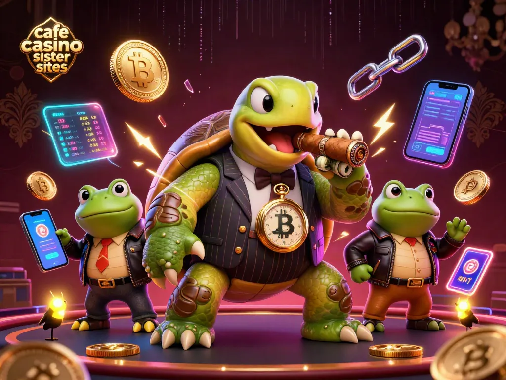 Engage with cafe casino sister sites through this vibrant 3D scene of characters and crypto elements.
