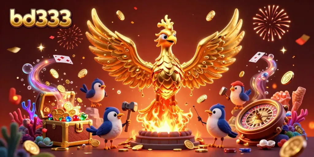 Engage with the vibrant and dynamic scene of bd333 showcasing golden elements, poker, and confetti for an immersive gambling experience.