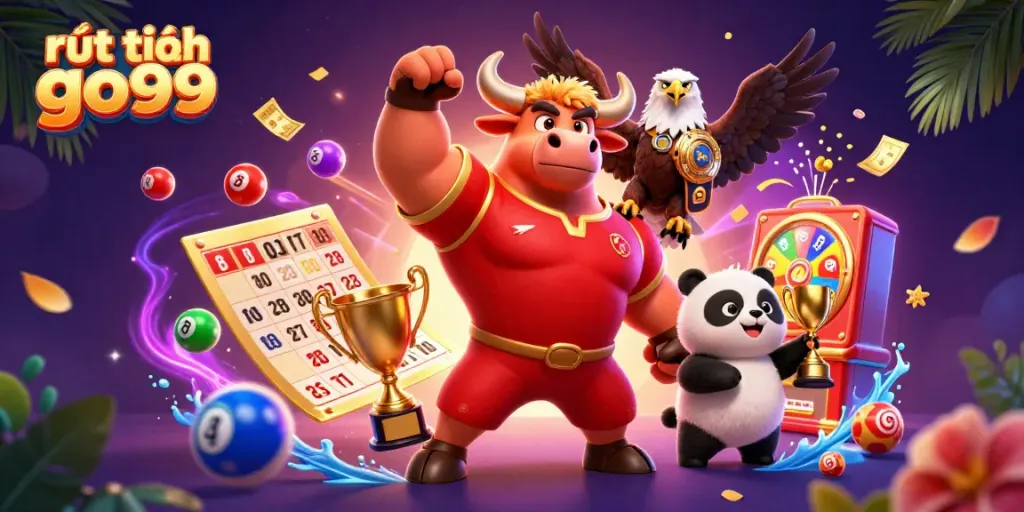 Experience rút tiền go99 with excitement as vibrant elements surround winning characters in a dynamic casino setting.