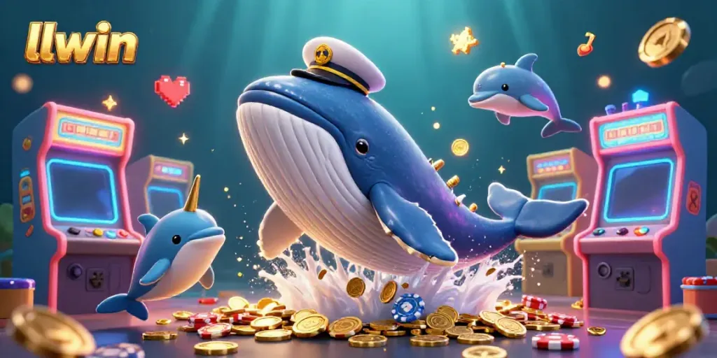 Experience excitement with llwin's captivating whale and playful companions in this dynamic casino scene.
