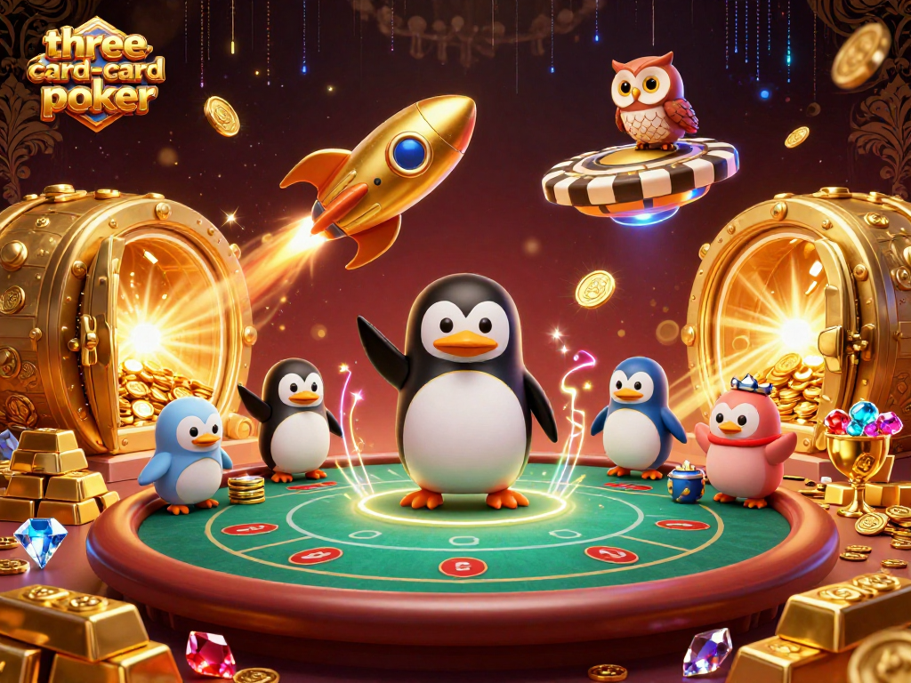 Engage in three-card-poker at a vibrant space-themed casino with gold coins and treasures.