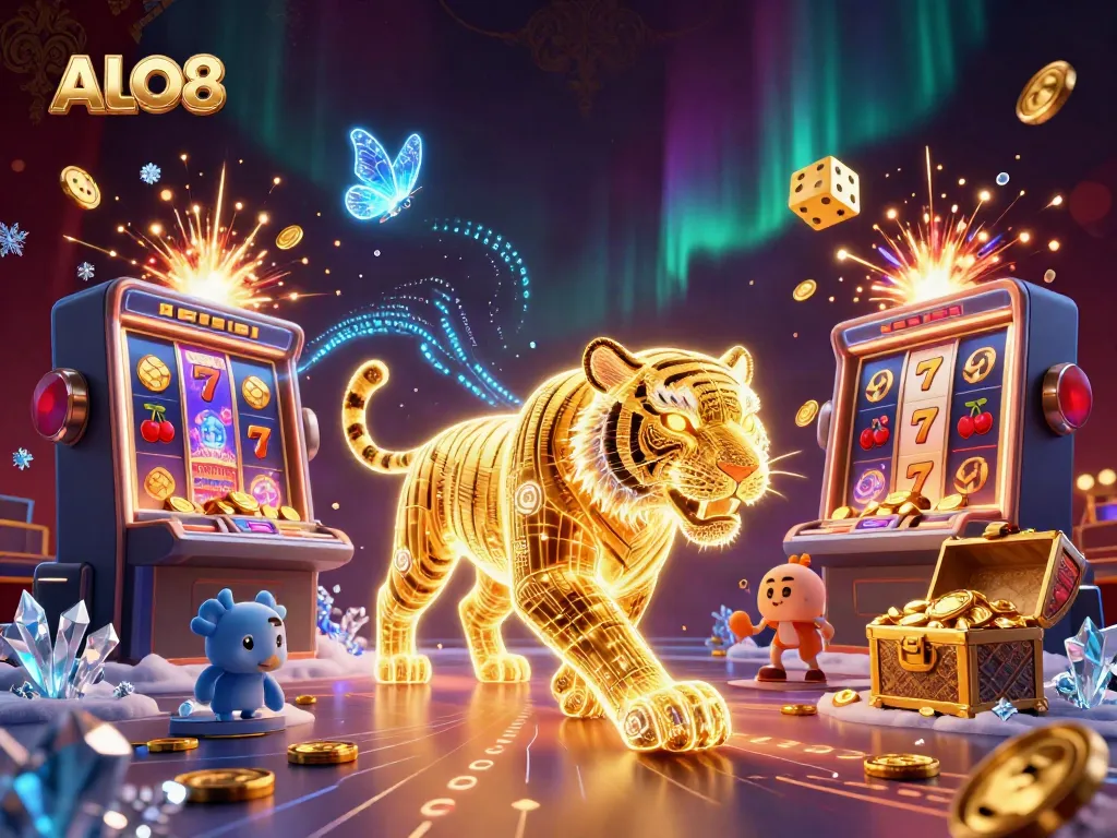 Experience the dynamic vibrant world of ALO8 with a golden tiger amidst casino excitement, showcasing thrilling jackpots and a rich gaming environment.